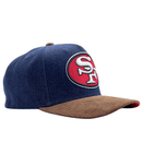 San Francisco 49ers D - stressed Pro Snapback Hat in dark navy denim and brown corduroy - Mitchell & Ness - State Of Flux