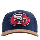 San Francisco 49ers D - stressed Pro Snapback Hat in dark navy denim and brown corduroy - Mitchell & Ness - State Of Flux