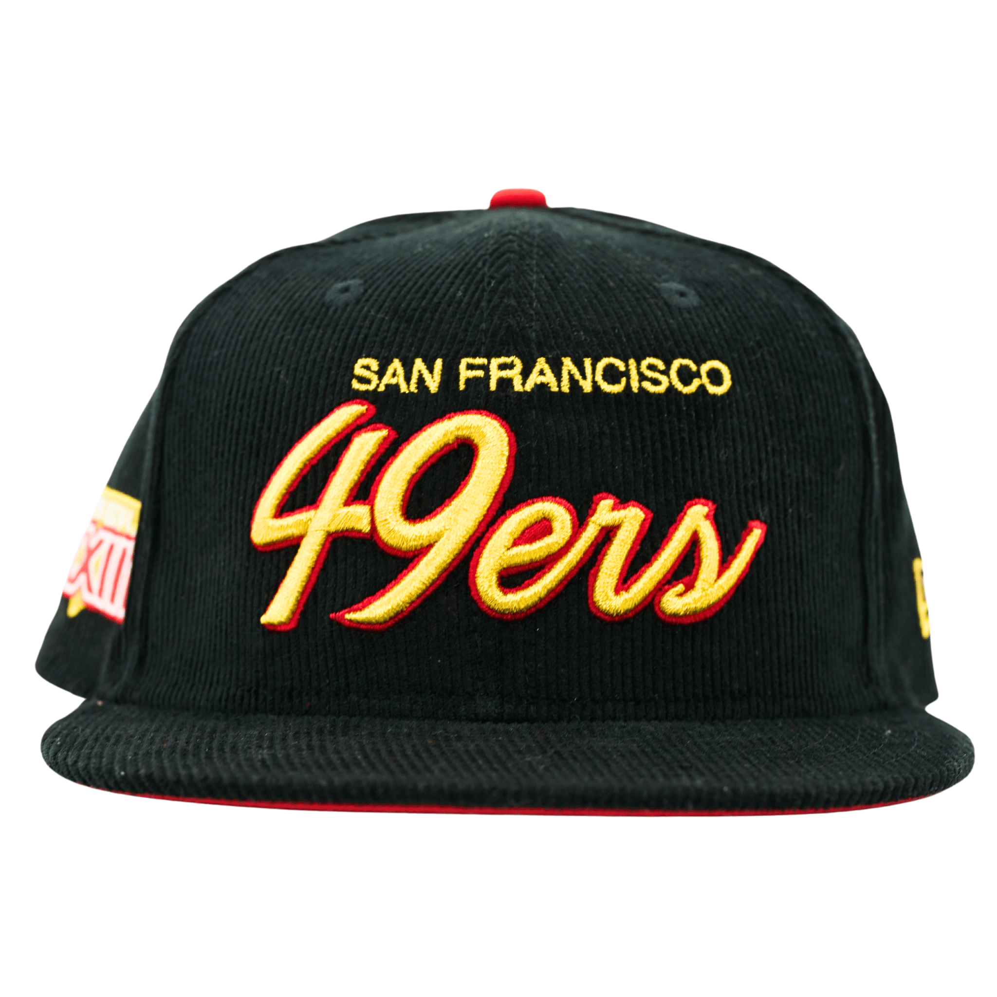 San Francisco 49ers Flash 80 9Fifty Snapback Hat in black corduroy and gold