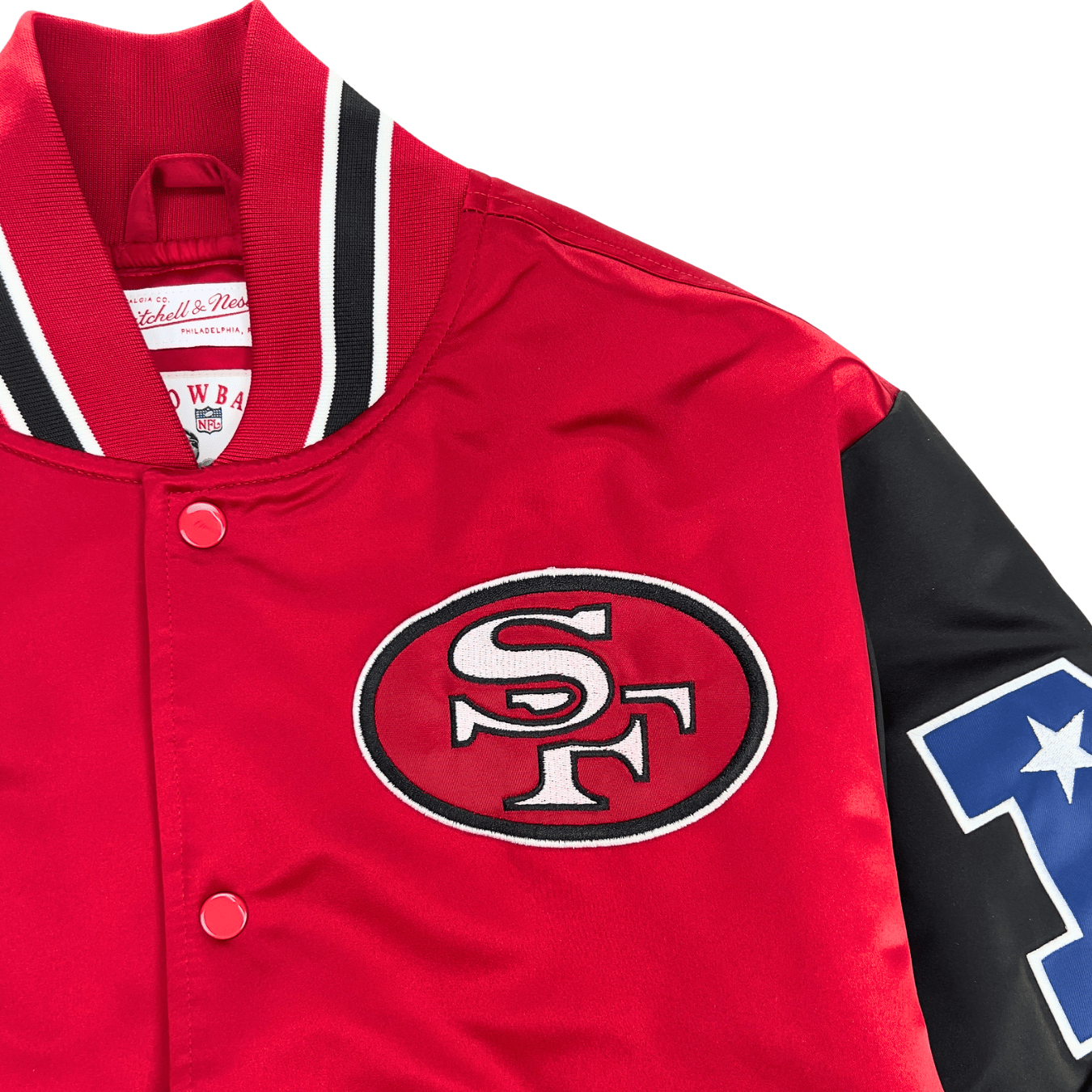 San Francisco 49ers Primetime Heavyweight Satin Jacket in scarlet and black