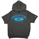 SOF Collegiate Short - sleeve Champion Hoodie in charcoal heather and columbia blue - State Of Flux - State Of Flux