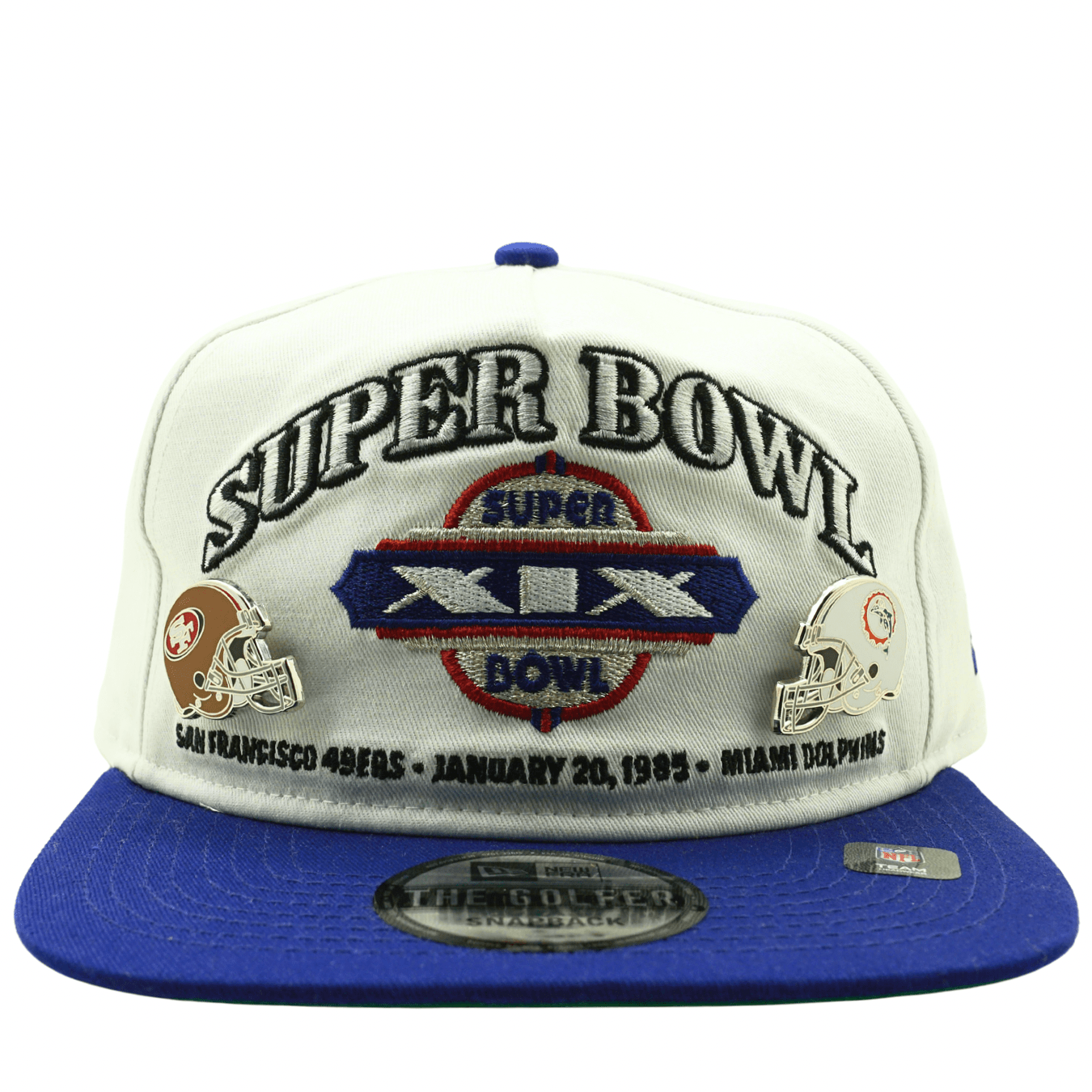 Super Bowl XIX 49ers vs Dolphins Championship Pin Golfer Snapback Hat in white and royal blue