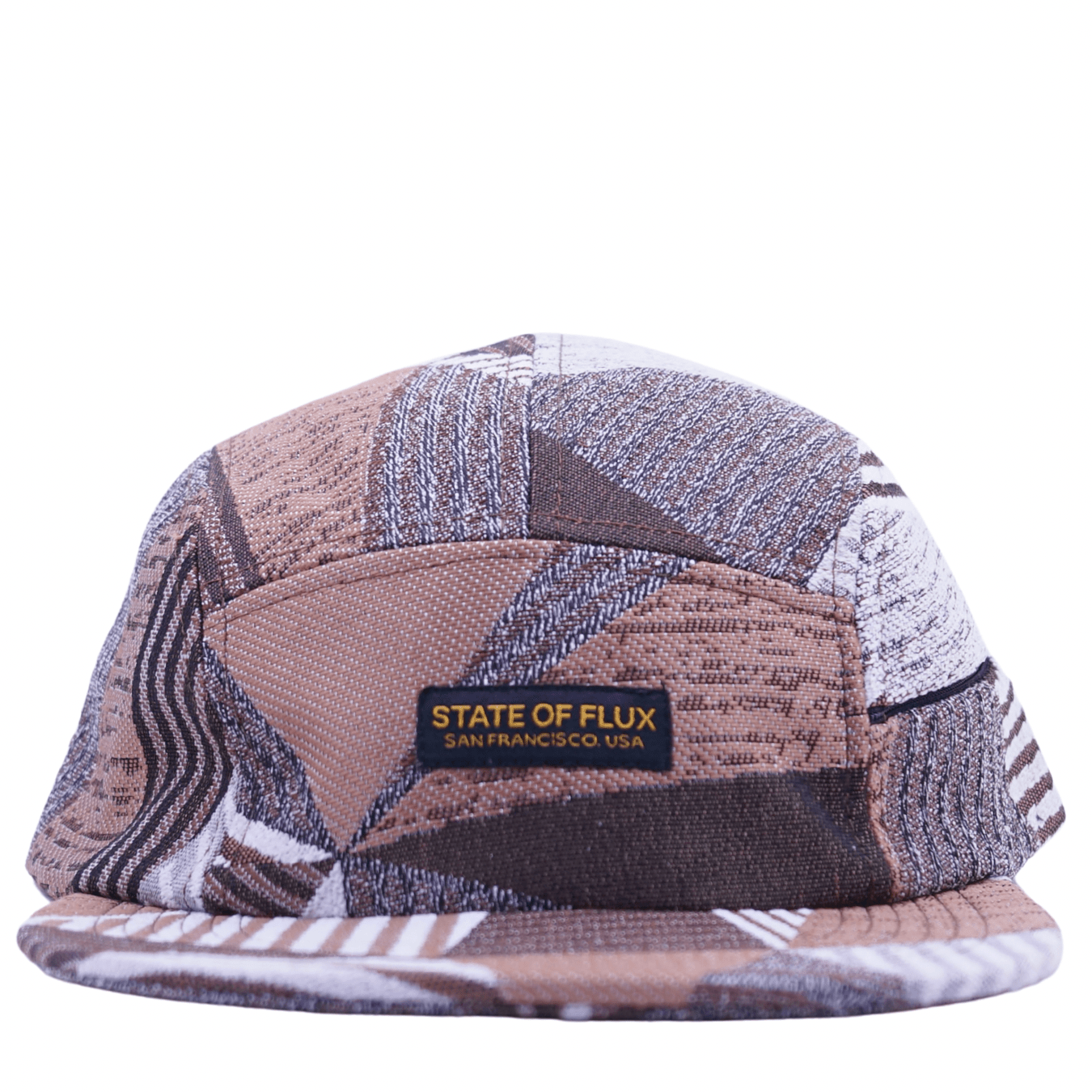 Zippered Perpendicular 5-Panel Hat in tuscan tan and white